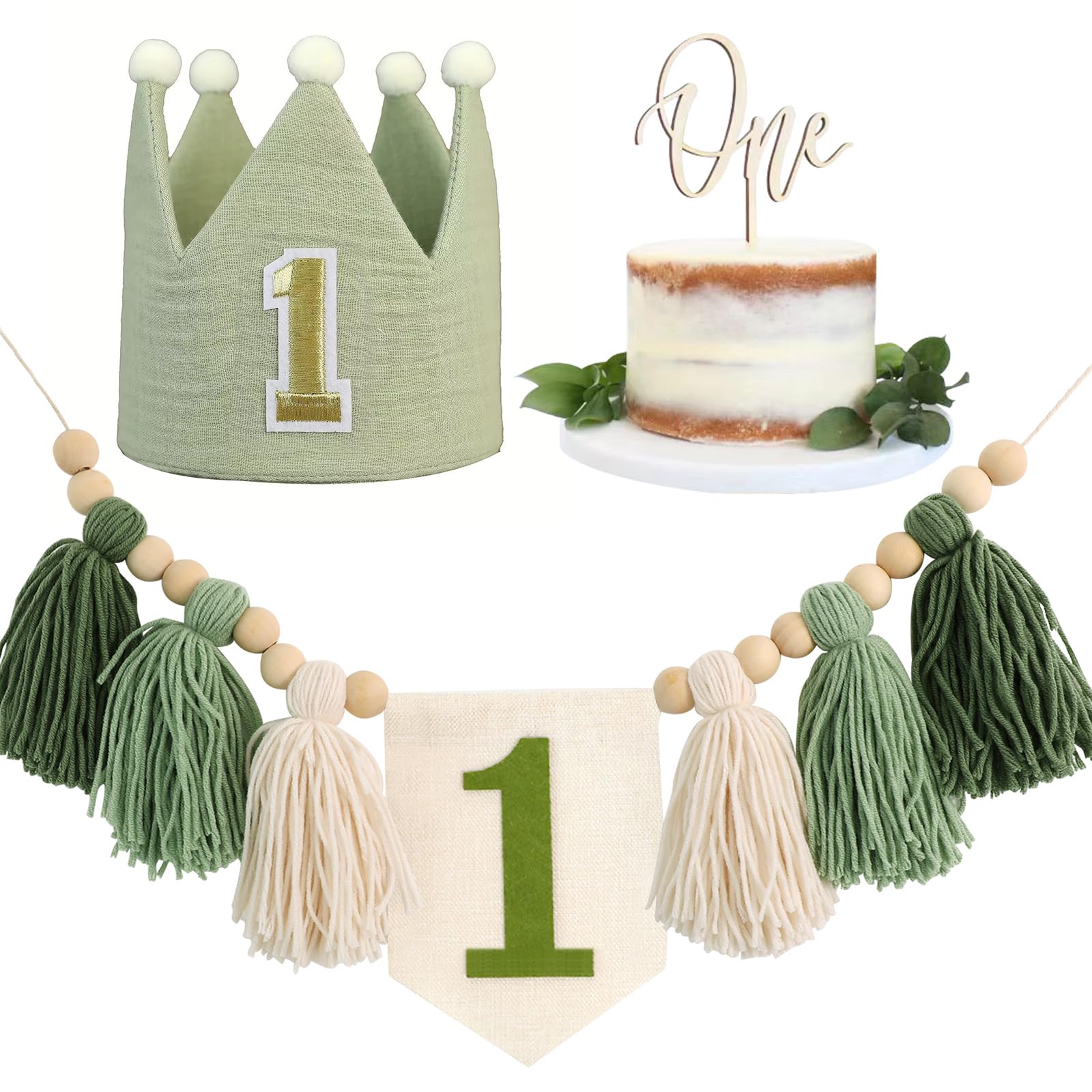 Handmade Boho 1st Birthday Wild One Green High Chair Banner Boho 1st Birthday Hat Decorations for Woodland Party for Girl Baby S