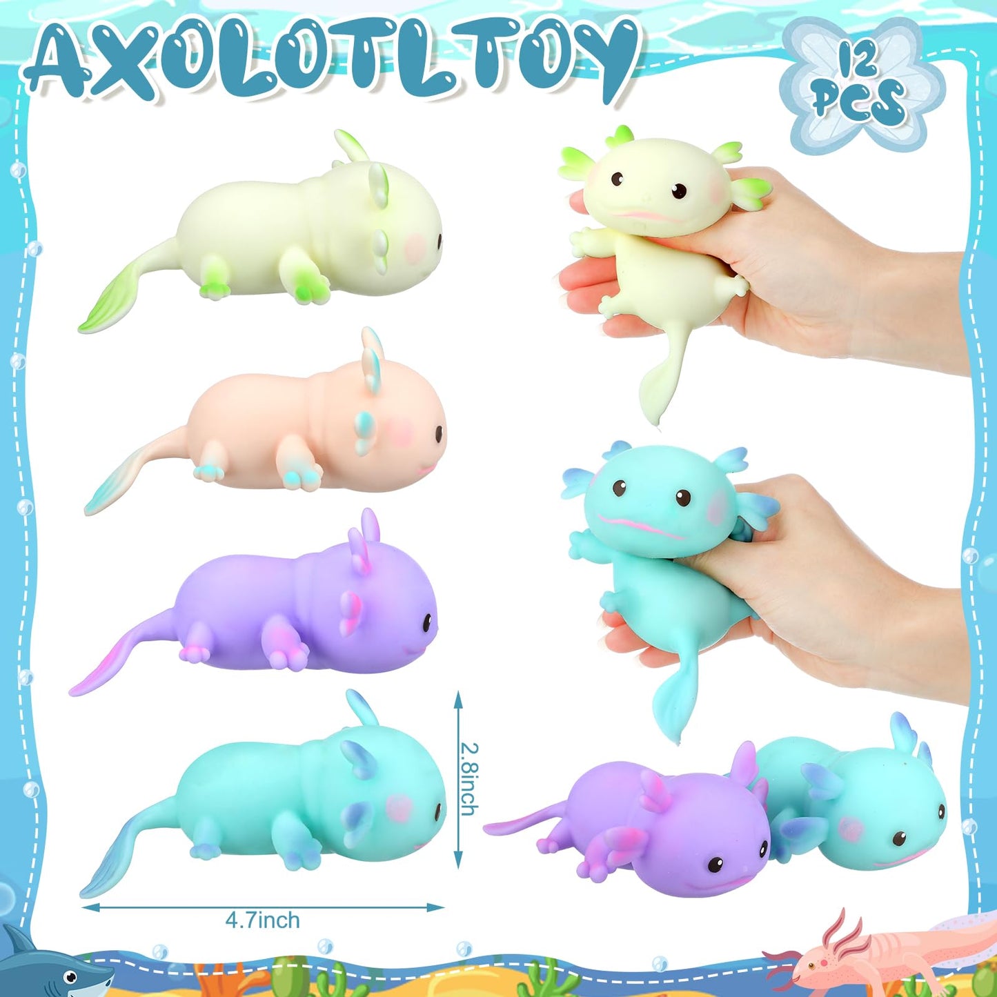 Meooeck 12 Pcs Axolotl Stress Relief Toys Stress Balls for mature-themed Mini Axolotl Squeeze Fun Fidget Toys Animal Balls Cute for Birthday Party Office Christmas Stocking Stuffer Gift ADHD Autism Anxiety