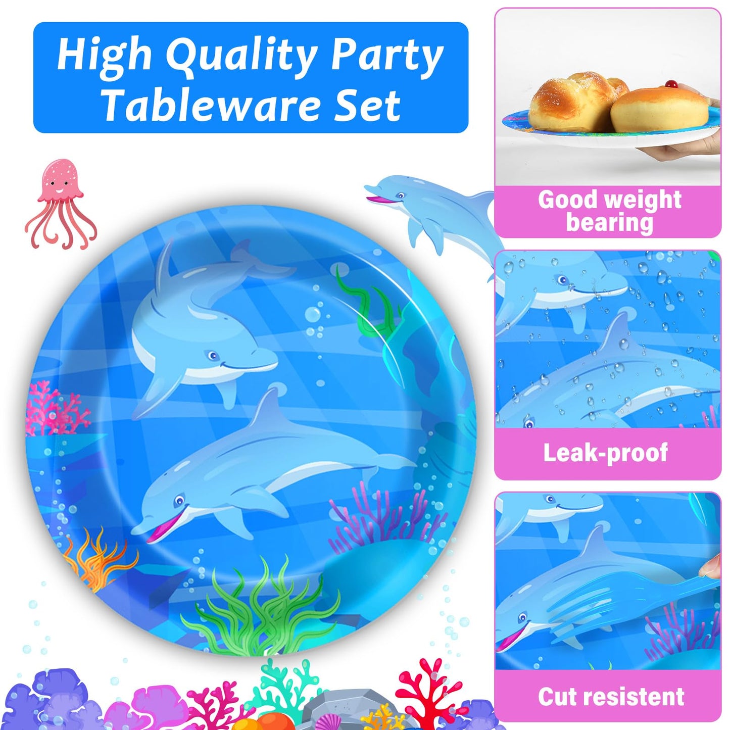 96 Pcs Dolphin Theme Party Supplies Set Ocean Dolphin Plates And Napkins Disposable Tableware Under The Sea Birthday Decorations