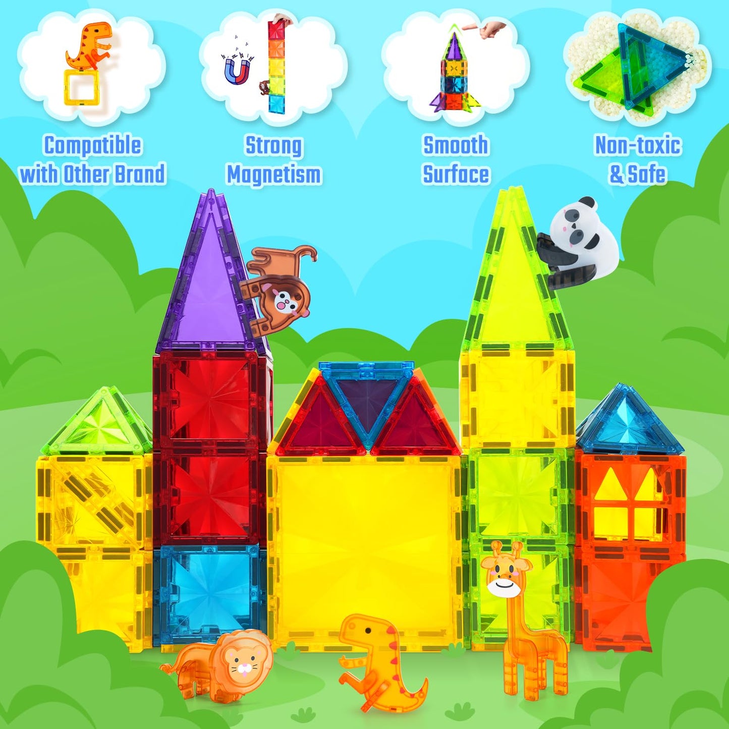 Magnetic Tiles 110PCS 3D Animals Magnet Tiles with 2 Cars Kids Magnet Building Blocks STEM Educational Magnet Toy Set Constructi