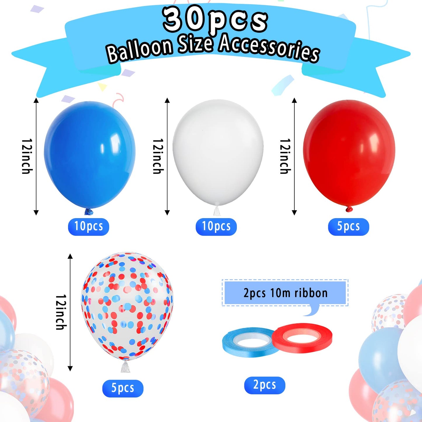 Paready Red And Blue Latex Balloons, 30 Pcs 12 Inch White And Red Blue Confetti Balloons With Ribbons For 4Th Of July Independen