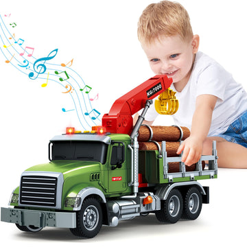 SpringFlower Toy for 3 4 5 6 Year Old Boys, Farm Truck Toy with Farm Trunk,Vehicle Timber Truck Toy with Loading Crane & Lights 