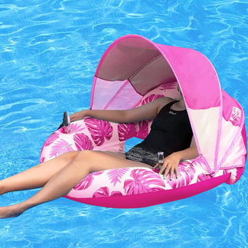 Coolcooldee New Upgraded Pool Chair Float With Shade,Xl Pool Floats For Adults Heavy Duty,Inflatable Pool Chair Lounge Float With Cup Holder & Backrest For Pool,Lake,Beach,Pink