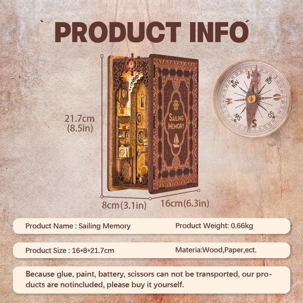 Cutefun Book Nook Kit, Diy Miniature Dollhouse Kit For Adults And Teens, 3D Wooden Puzzle Bookends, Bookshelf Insert Decor W/Led Light, Ideal New Year Gift (Sailing Memory)