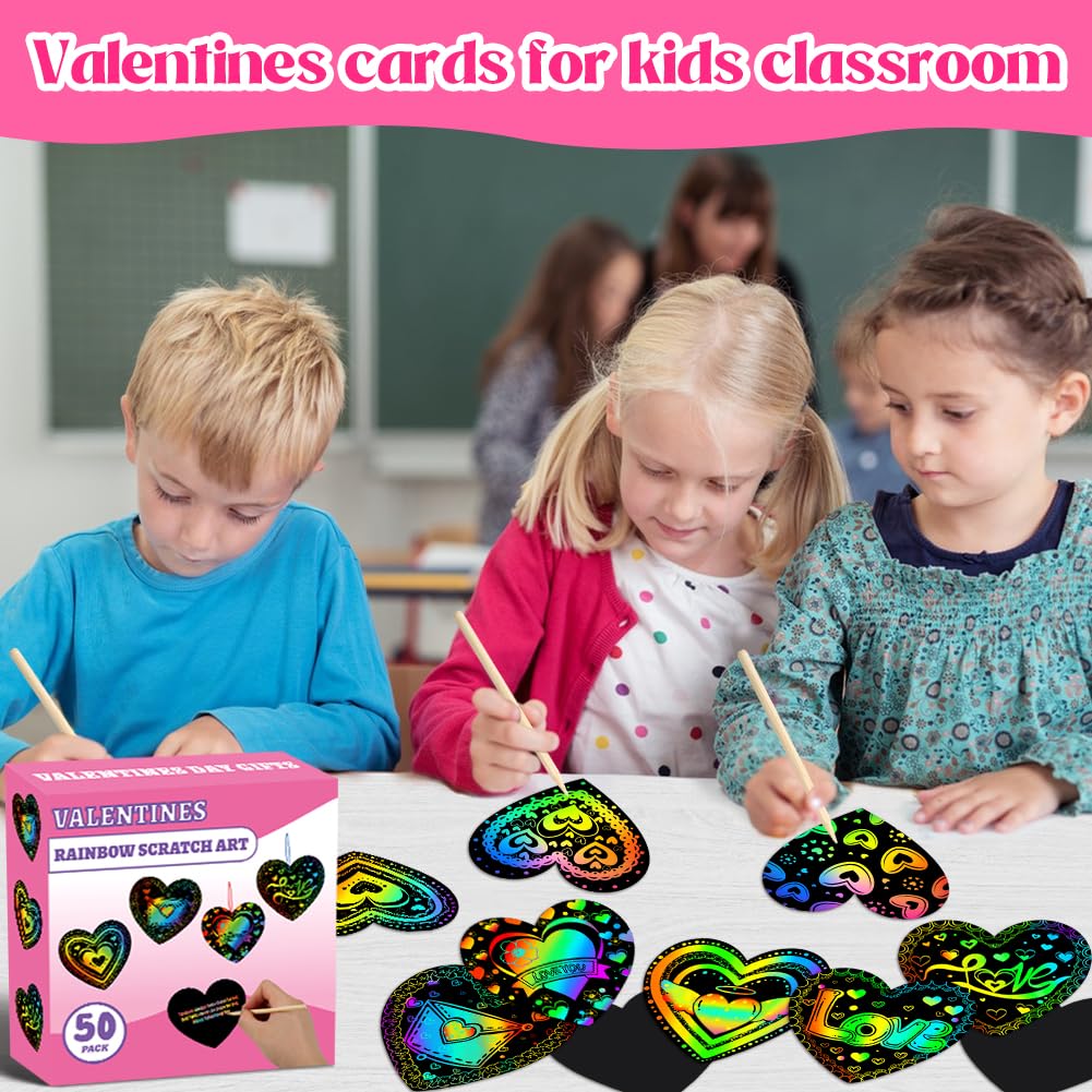 MDCGFOD 50 Pack Valentines Day Gifts for Kids, Rainbow Scratch Heart Crads Valentine Crafts for Kids - Create Magic Color Scratc