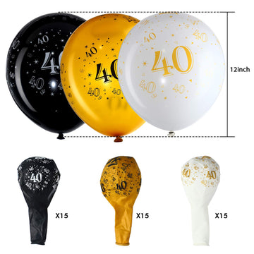 Blulu 45 Piece 12 Inch Birthday Party Latex Balloons Anniversary Decoration White Gold Black Theme Balloon For Birthday Party Supplies Indoor Outdoor Decor(40Th)