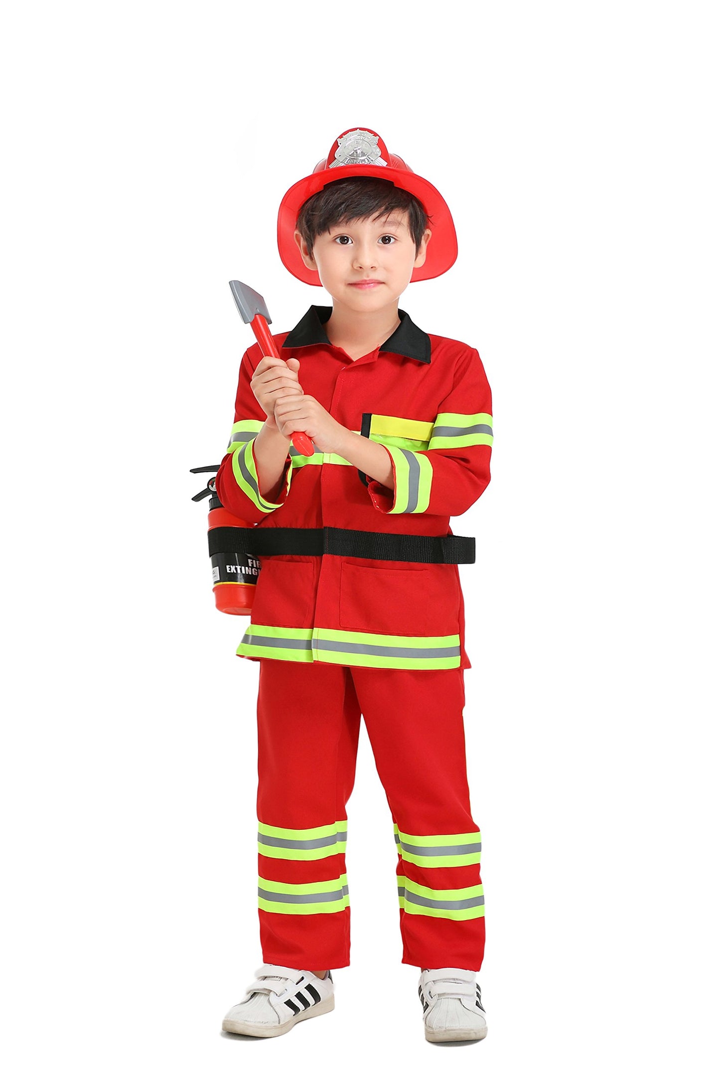 Yolsun Fireman Costume For Kids, Boys' And Girls' Firefighter Dress Up, Fire Fighter With Toy Accessories Set Halloween Role Play(Red,4-5 Years)
