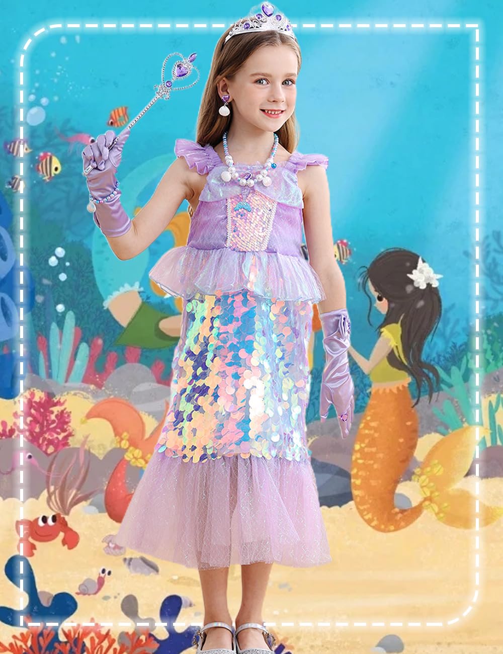 Luzlen Little Girls Mermaid Princess Costume, Purple Sequins Dress for Toddler Kids 4-5 Years, Halloween Dress Up with Accessories