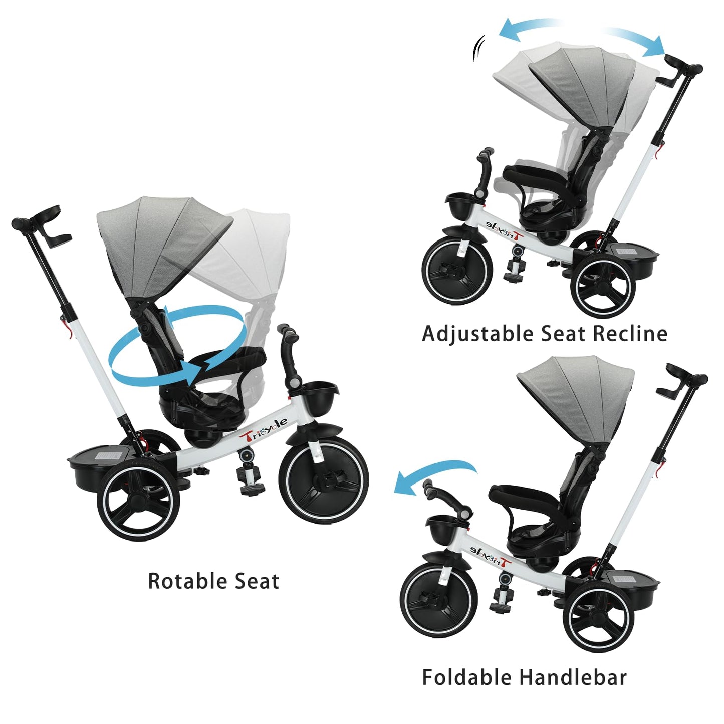 UBRAVOO 6-in-1 Baby Tricycle, Carbon Steel, White, Adjustable Canopy, Safety Harness, Model HLF-6018