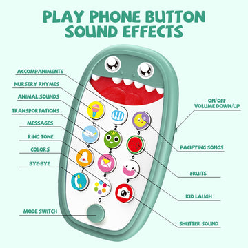 Baby Dinosaur Cell Phone Toy Removable Soft Teether Case, Lights, Music & Adjustable Volume Kids Play & Learn Pretend Phone Infa