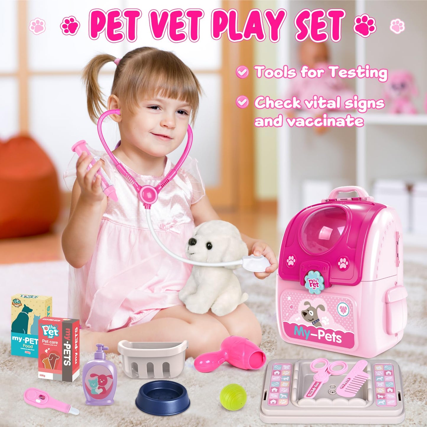 Toy Doctor kit for Toddlers 1-3 3-5, Girl Gifts for Toddlers 2 3 4 5 6 Years Old, Pet Care Pretend Play Doctor Set Toys for Kids