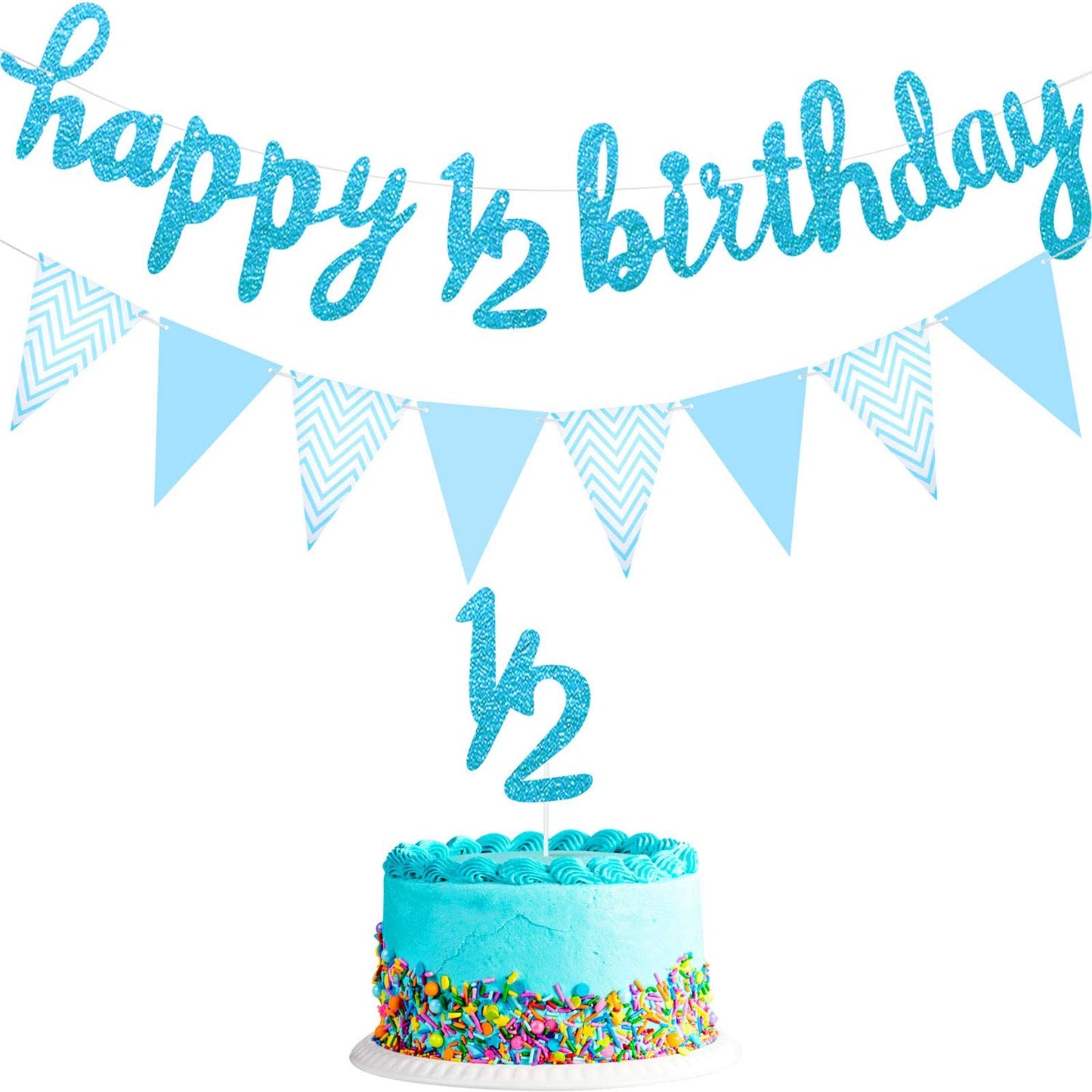 6 Months Banner Happy Birthday Banner Happy 1/2 Birthday Banner Glitter 1/2 Half Year Cake Topper Triangle Flag Banner For Half Year Baby Shower Birthday Party Decoration, Pre-Strung (Blue)