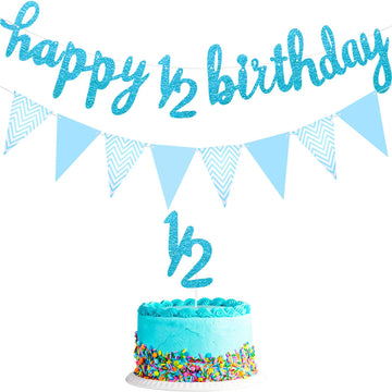 6 Months Banner Happy Birthday Banner Happy 1/2 Birthday Banner Glitter 1/2 Half Year Cake Topper Triangle Flag Banner For Half Year Baby Shower Birthday Party Decoration, Pre-Strung (Blue)