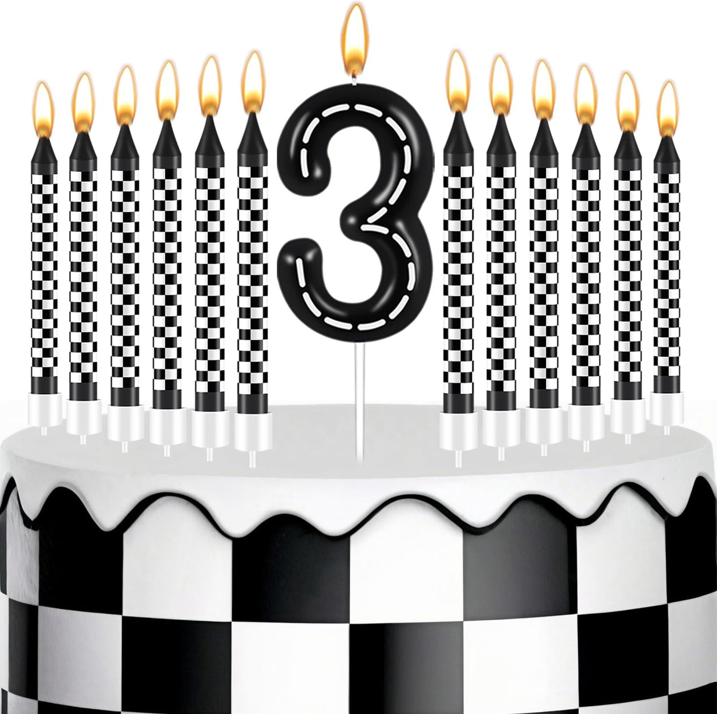 13 Pcs Racing Cars Themed Birthday Candles - 1 to 9 Number Candle & Black and White Checkered Candles, Truck Candle Cake Topper 