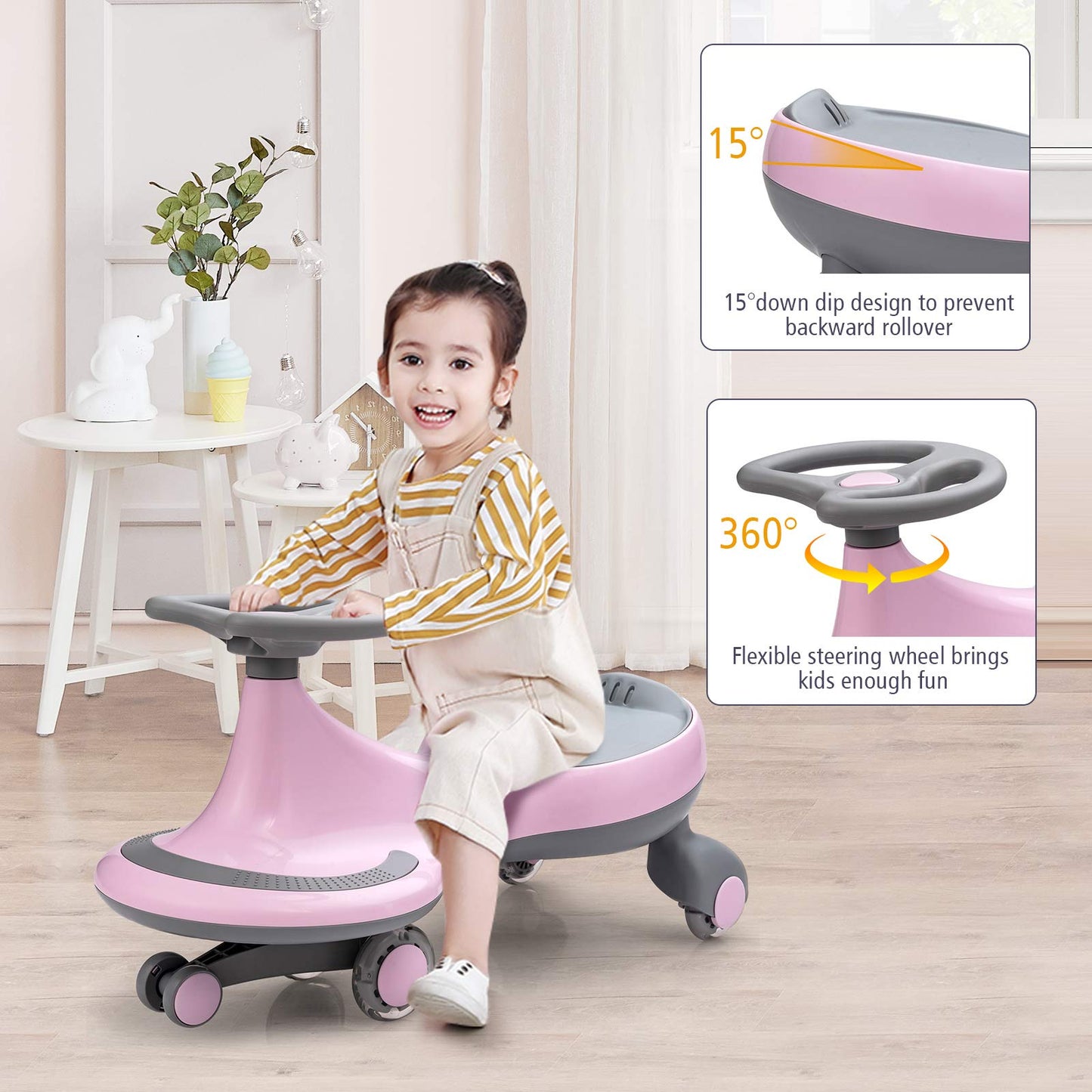 GLACER Wiggle Car  Just Twist Swing Car with Flashy PU Wheels  No Battery  Gears or Pedals Wiggle Bike  Easy to Ride  Indoor Outdoor Ride on Toy Gift for Boys & Girls Aged 3 Years Old and up (Pink)