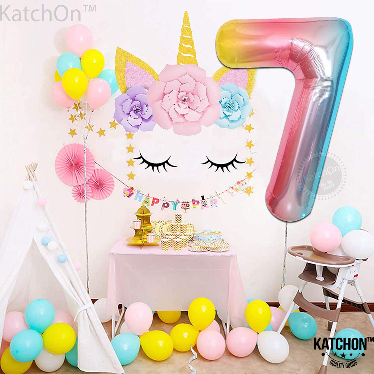 Katchon, Giant Rainbow Number 7 Balloon - 40 Inch | 7Th Birthday Balloon For 7Th Birthday Decorations | 7 Balloons For Birthday | Seven Balloon Number | 7 Year Old Balloon For 7 Year Decorations
