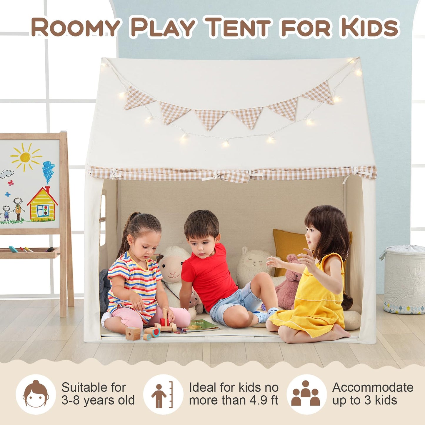 Costzon Kids Tent, Large Playhouse For Indoor Outdoor Play W/Padded Mat, 2 Breathable Windows & 2 Storage Pockets, Star Lights & Flag Banner Included, Toddler Tent For Boys Girls Aged 3-8 Years Old