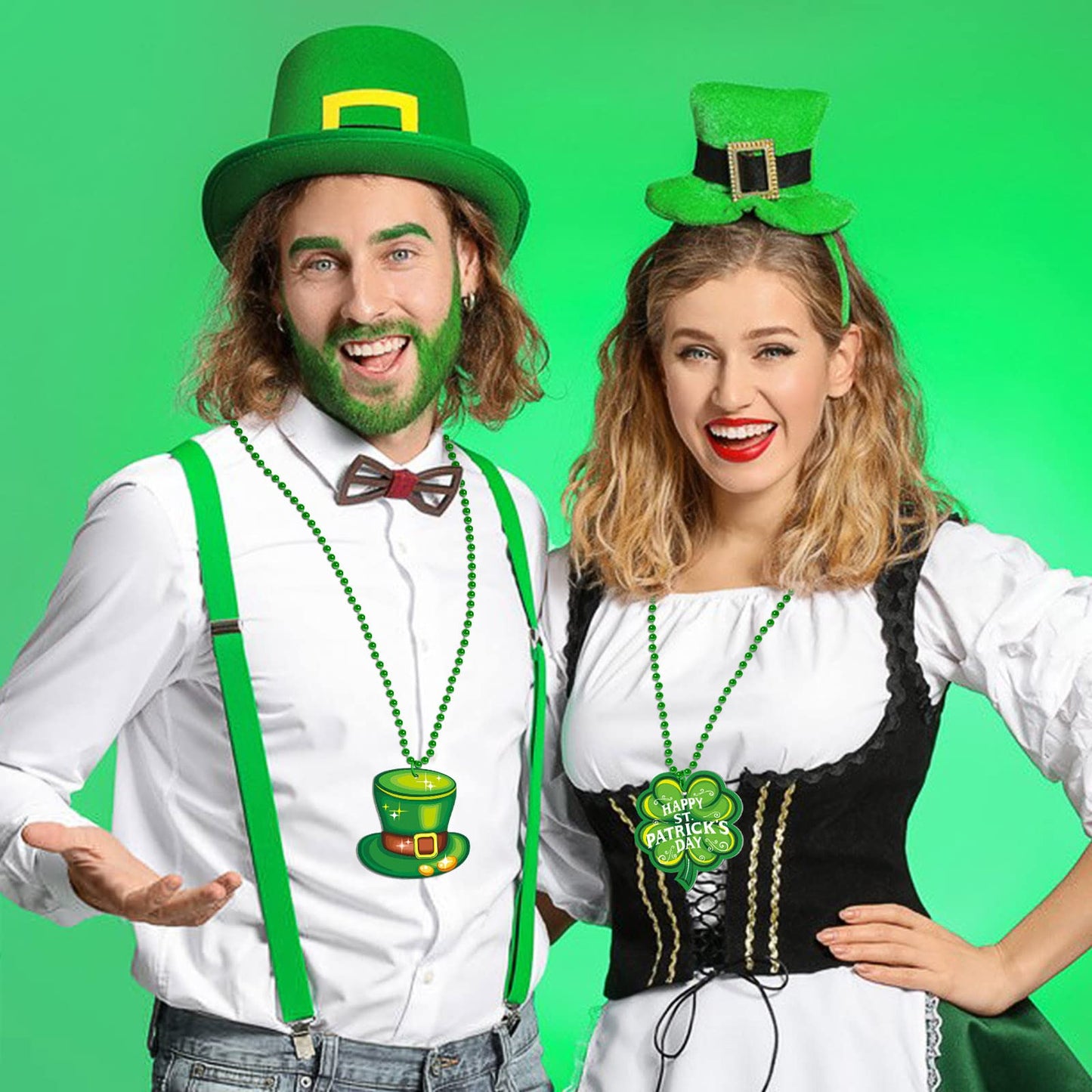 16pcs St. Patrick's Day Necklace bead Shamrock Bead Pendant Necklace for Party Costume Accessories Mardi Gras Party Decor