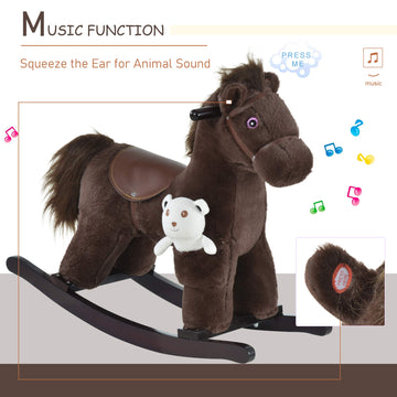 Qaba Kids Plush Ride-On Rocking Horse With Bear Toy, Children Chair With Soft Plush Toy & Fun Realistic Sounds, Brown