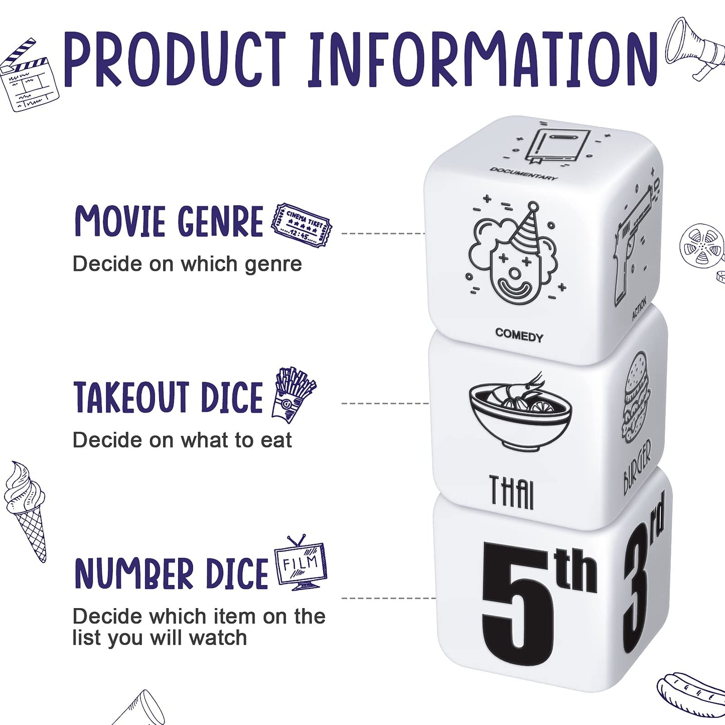 Landhoow 3 Pcs Dinner and a Movie Decider Dice Valentines Day Gifts for Him Her Decision Dice with a Black Velvet Storage Bag fo