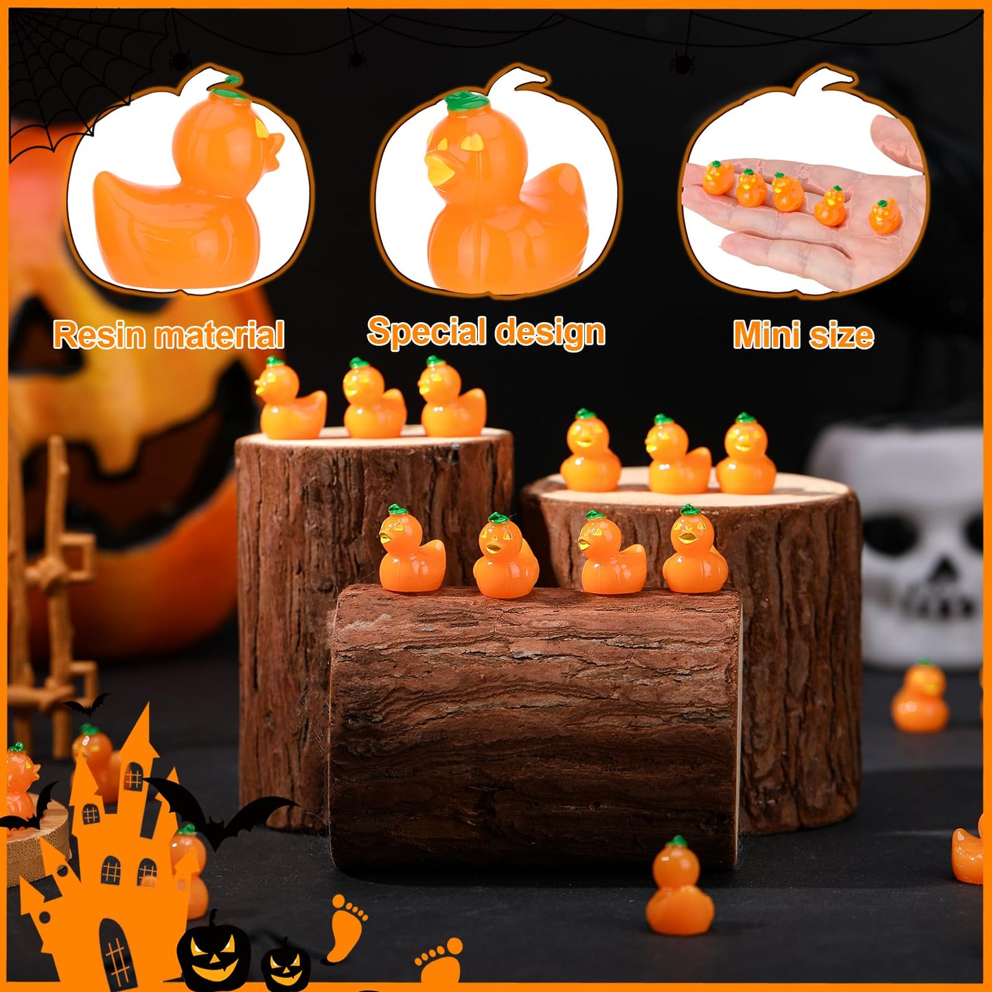 GGSTDDUP 60pcs Halloween Mini Resin Ducks  Tiny Pumpkin Duck Figures  Miniature Animals Figurines Bulk for Dollhouse Prank Halloween Birthday Party DIY Decoration Craft