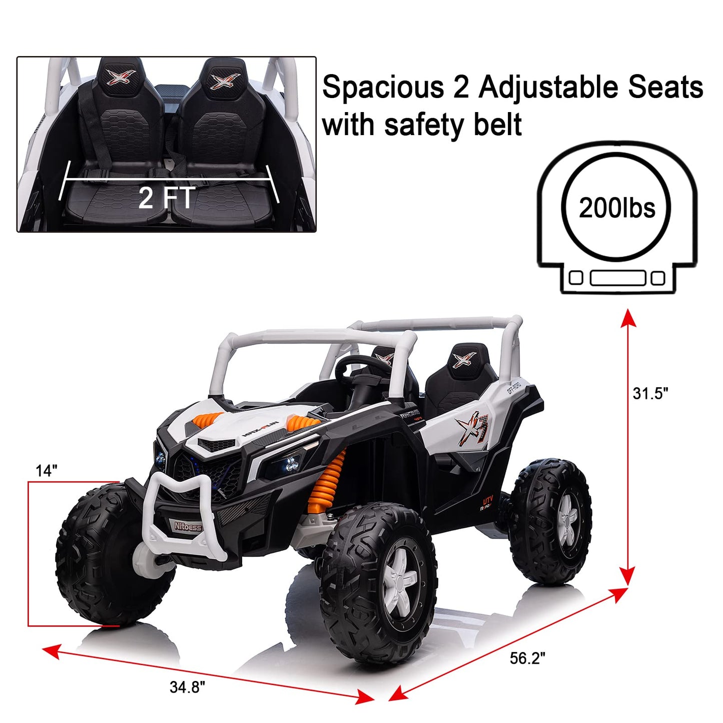 Nitoess Xxxl 24V Ride On Utv For Kids 2 Seater, 4Wd Ride On Buggy Power With Remote Control, 3-12Yrs Electric Car Bluetooth/Aux/Tf Slot,Max Load Capacity 200Lbs(White)