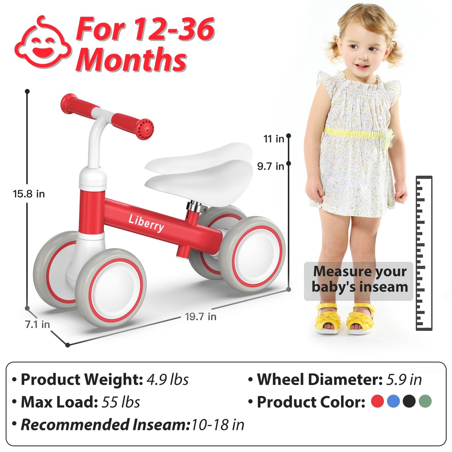 Liberry Baby Balance Bike For 1 Year Old Girls, 4 Wheels Toddler Balance Bike With Adjustable Seat, 12-36 Months Infant'S First Birthday Gift (Red)