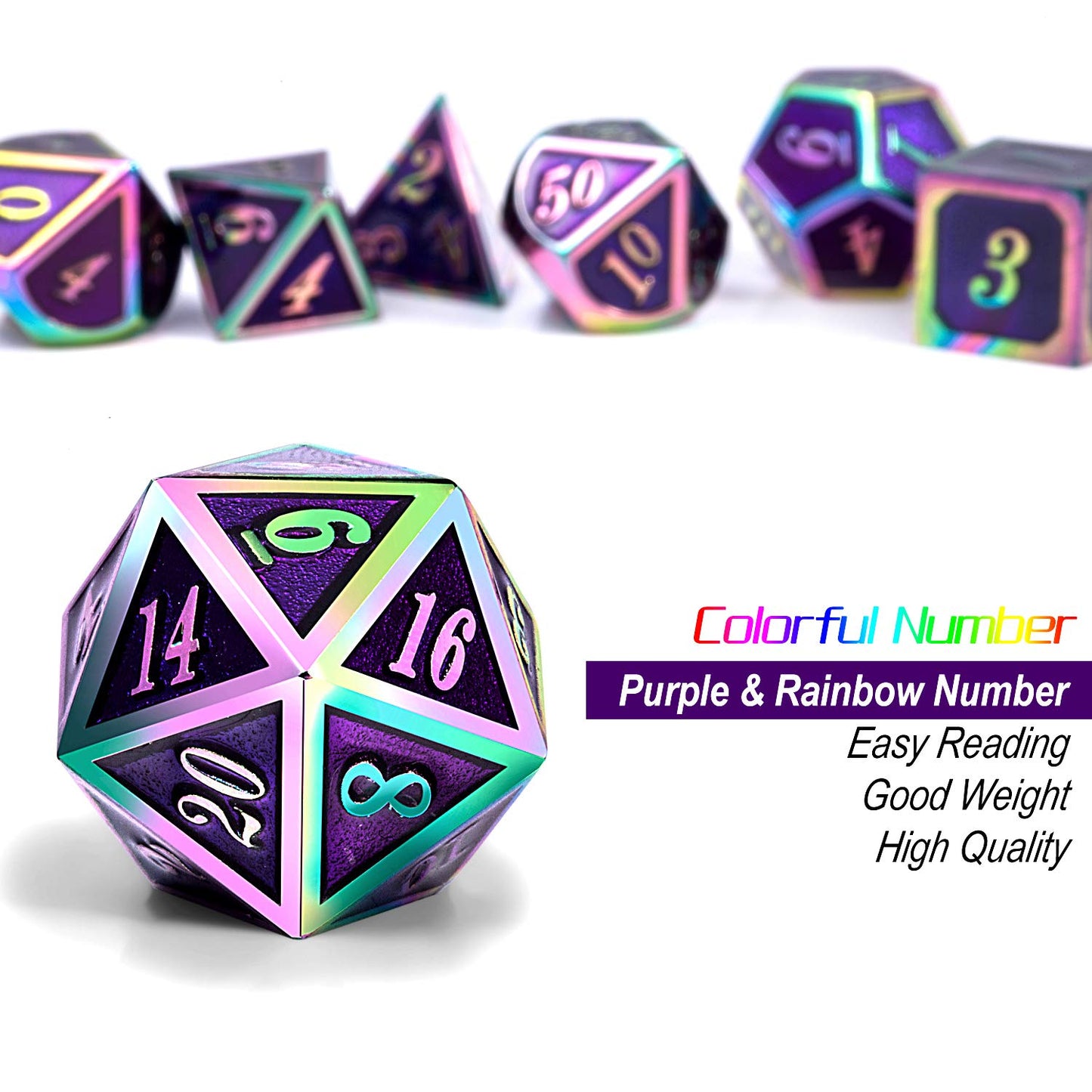 Purple Metal Dice Set D&D, DNDND 7 Die Enamel Polyhedral DND Dice Set with Metal Tin for Dungeons and Dragons and Role Playing G
