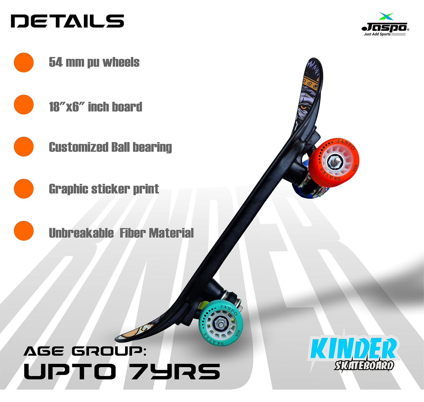 Jaspo Power Kids Skateboard for Beginners Boys & Girls (6 Years & Above) (Power Kids Junior 18  x 6 (Boys)) Vinyl, Black