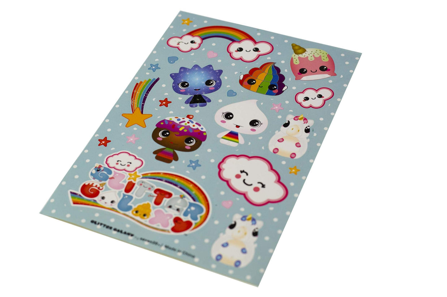 Glitter Galaxy Sticker Friends Sheet Wave 1 - Ten Large Character with Small Heart & Star Effects Stickers - Cute Rainbow Poop,