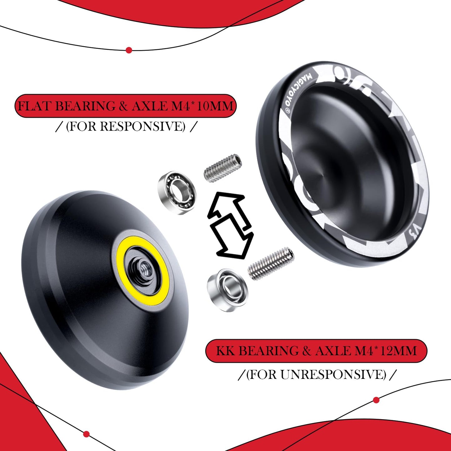 ShungRu Yoyo 2 Pack Responsive for Kids, V3 Black & K2 Red, Professional Metal & Crystal YoYos, 12 Strings, 2 Cases, Bearing Tool