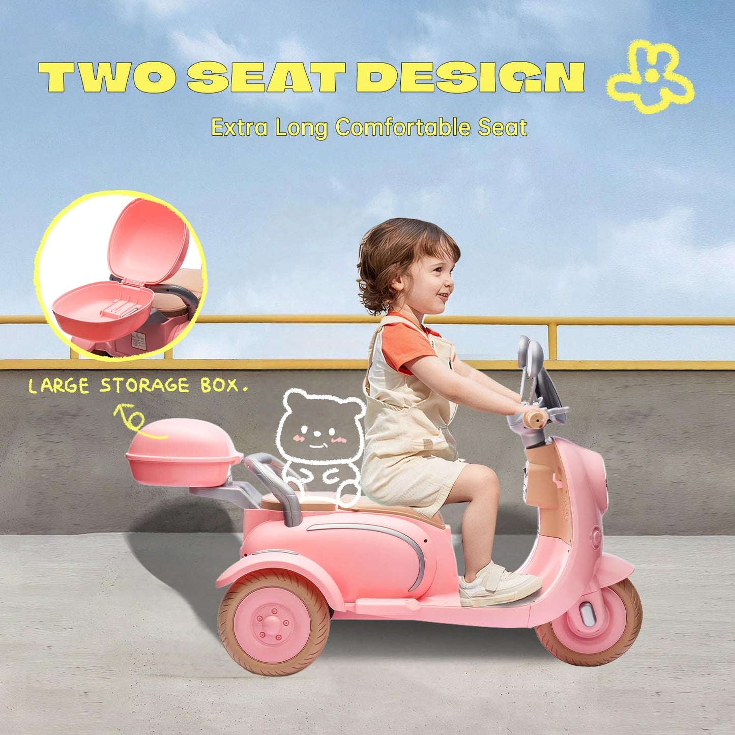 Okybaby 2 Seats Kids Motorcycle, 12V Ride On Electric Motorcycle, 3 Wheels Kids Motorbike With Usb, Bluetooth, Light, Storage Bo