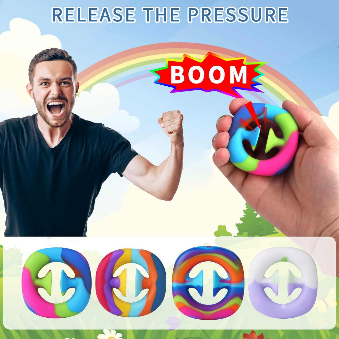 4 Pack Stress Relief Snapper Fidget Toy,Hand Grip Squeeze Grab Snap Sensory Toys, Party Popper Noise Maker Gift, Stress Relief D