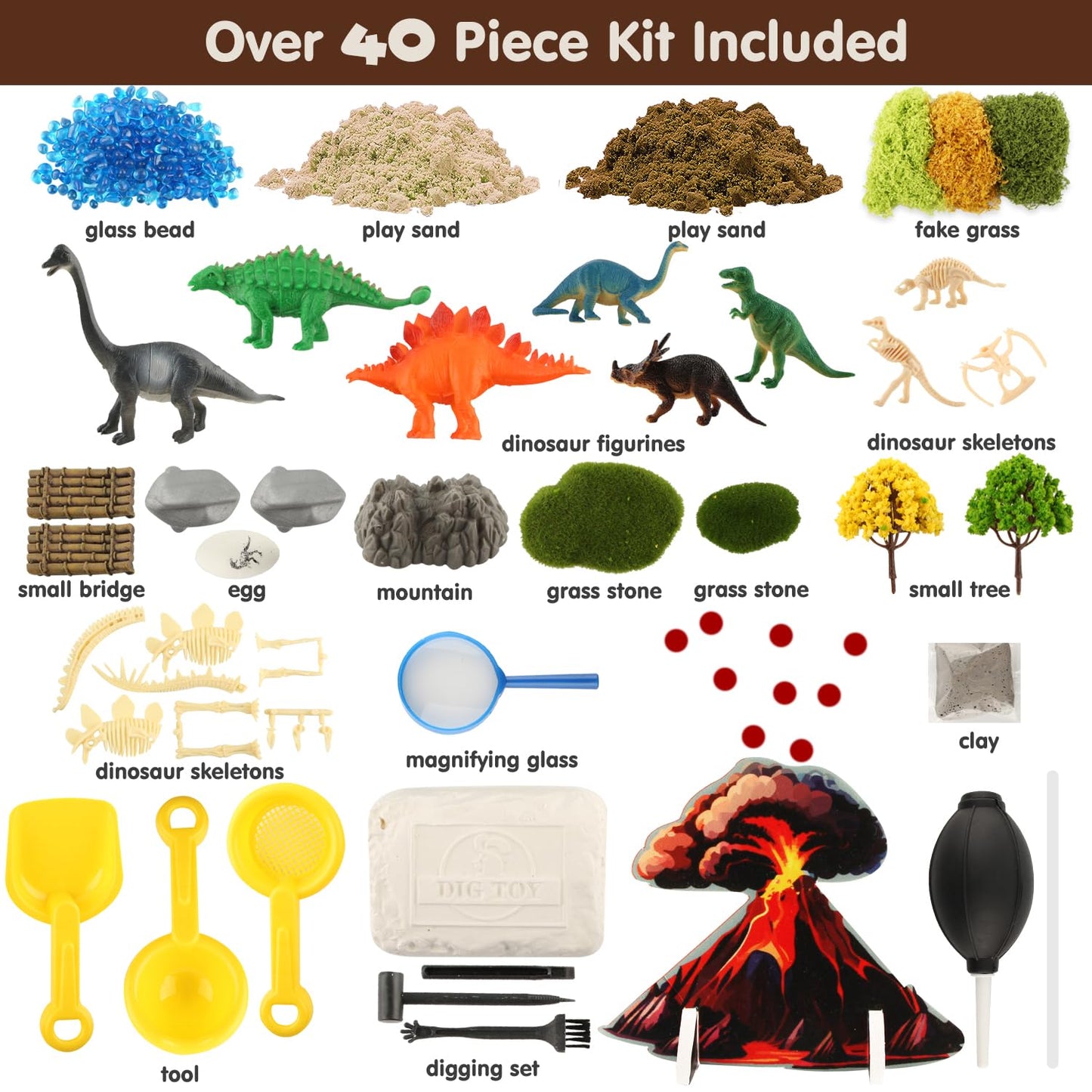 Dinosaur Sensory Bin For Toddler Sensory Toys,Two Sandboxes Sensory Bin Filler With Pom-Pom Volcano Dinosaurs Fossil Dig, Stem P
