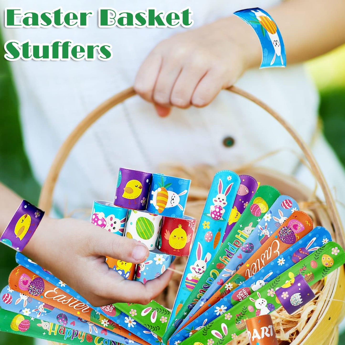 SUNPROUND 100Pcs Easter Slap Bracelets, Easter Basket Stuffers Party Favors Snap Wristbands for Kids Egg Fillers Gifts Exchange