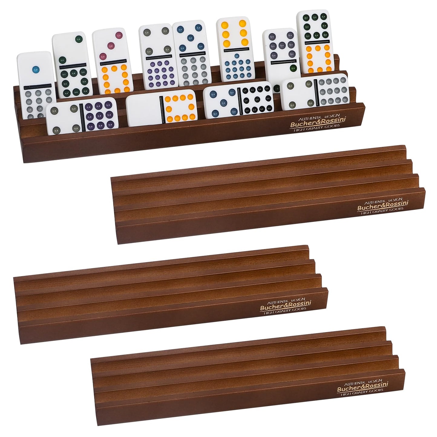 Bucher&Rossini Domino Racks - 4-Pack Nut Brown Wooden Holders for Mexican Train & Mahjoon Games