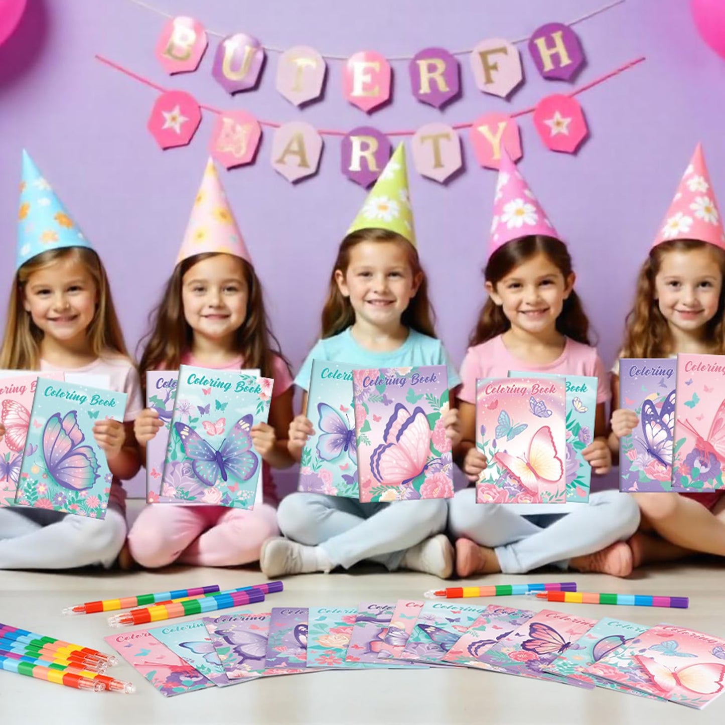 BenLouis 24 Butterfly Mini Coloring Books Kids with 24 Stacking Crayons Butterfly Theme Party Favors Activity Books Bulk for Kid