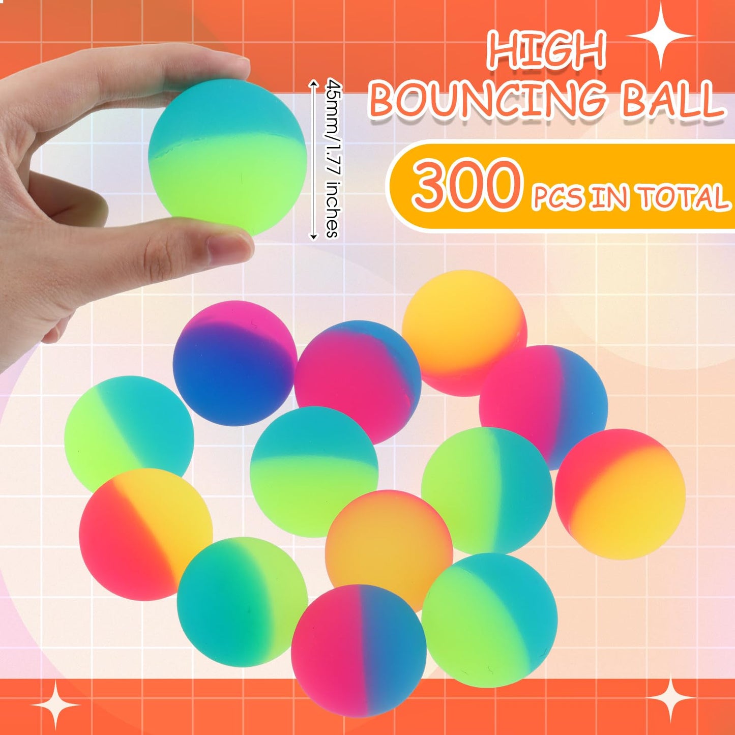 Jenaai 300 Pcs Bouncy Balls for Kids, 45 mm/1.77 inch Colorful Large Rubber Balls Bulk for Birthday Party Favors Classroom Carni