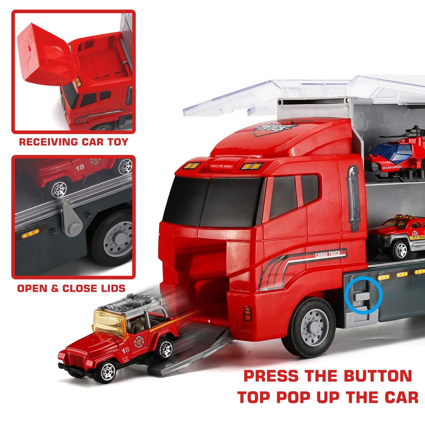 19 Pcs Fire Truck with Firefighter Toy Set, Mini Die-cast Fire Engine Car in Carrier Truck, Mini Rescue Emergency Double Side Tr