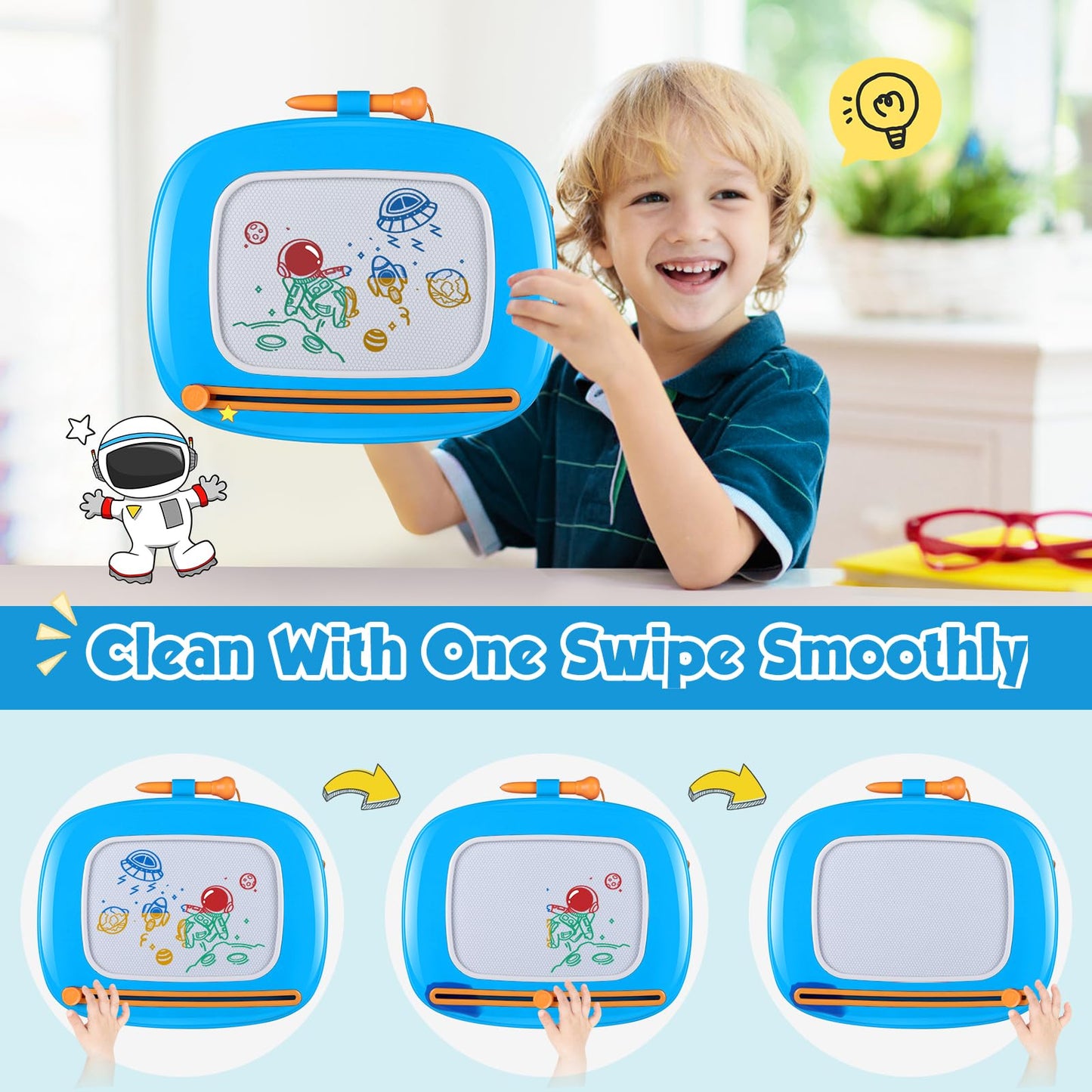 Smasiagon Magnetic Drawing Board for Toddlers, Blue, 10"W x 9.8"H, ABS, Early Learning Doodle Pad, Gifts for 1-3 Year Olds