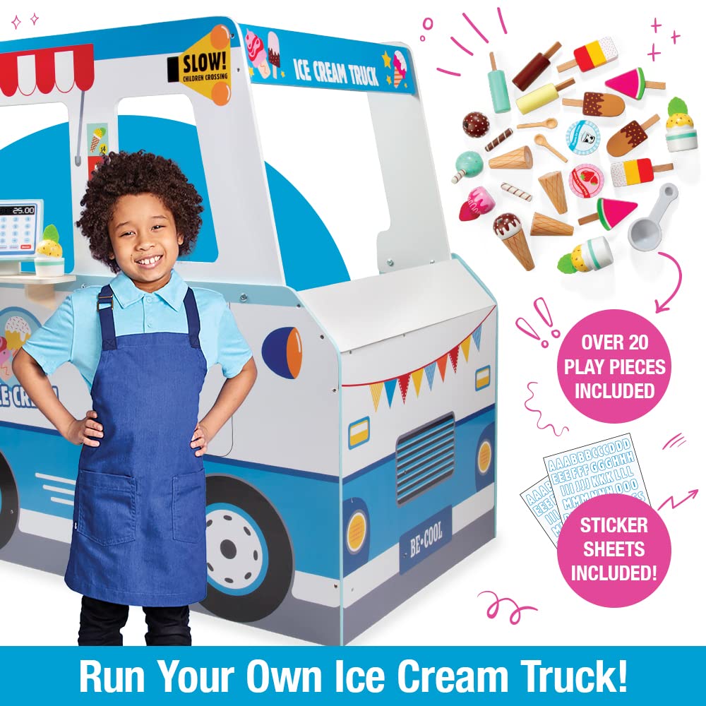 Ice Cream Truck Wooden Playset- 20 Fun Toy Pieces Including Freezer, Steering Wheel Sink & Sticker Sheet for Kids Name, Includes