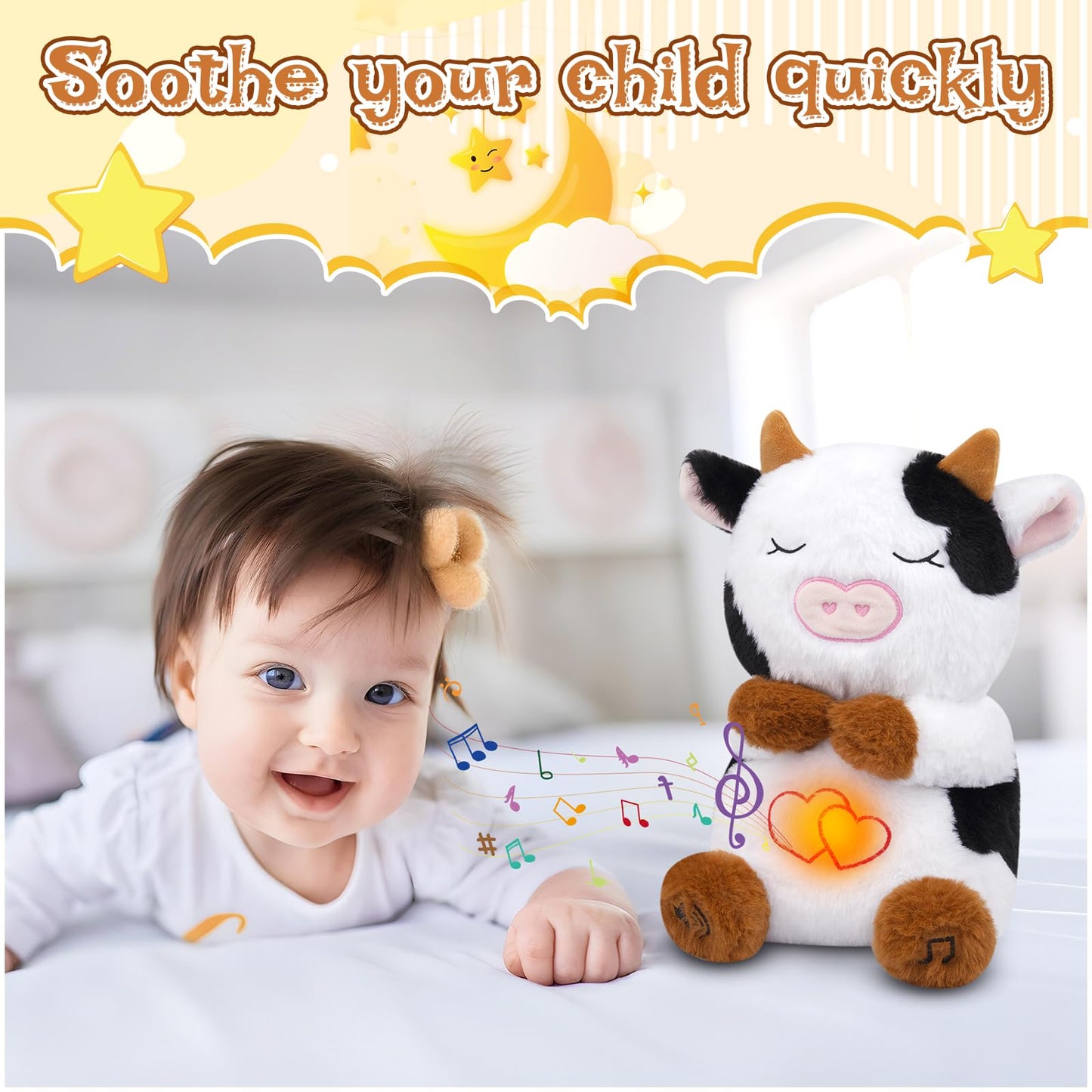 KOPHINYE 11" Breathing Cow Plush, Soft Stuffed Animal with Calming Music & Lights, Black and White, Model HXHBNNPM
