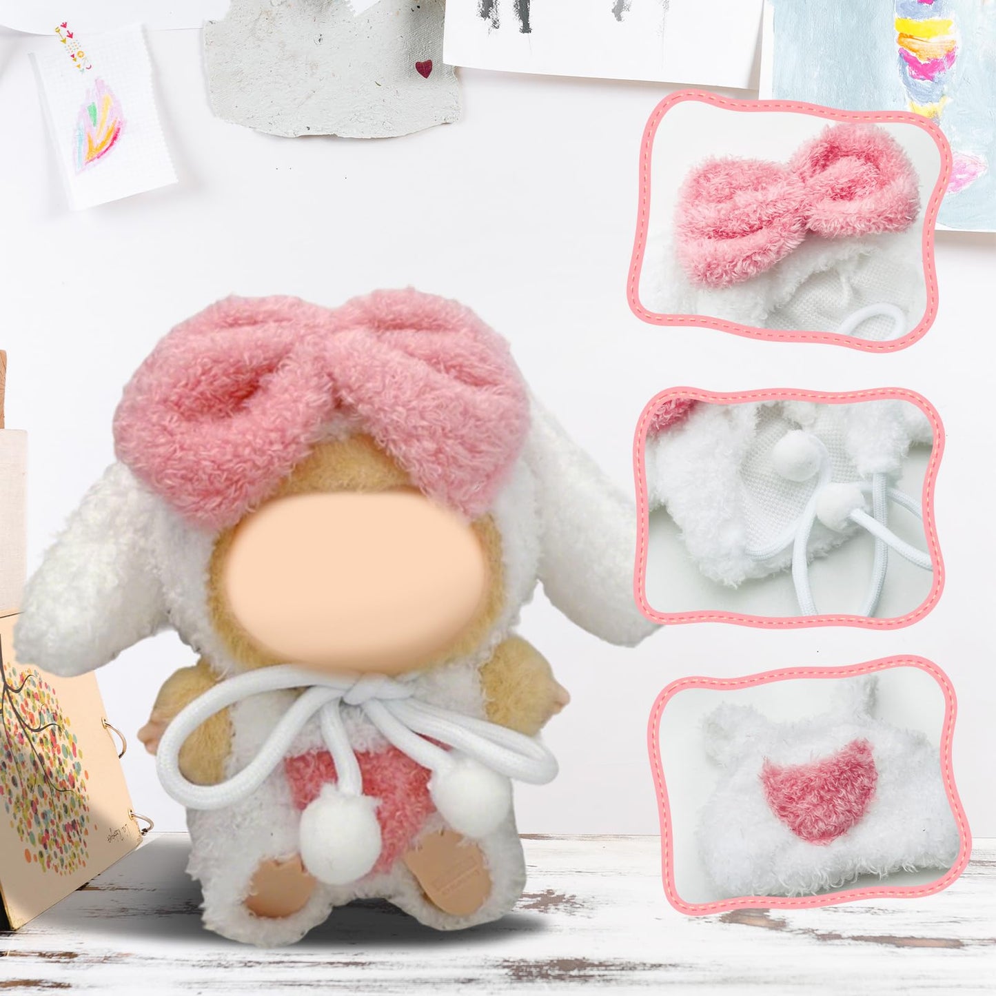 17cm Doll Clothes Labubu Clothes for 6.7inch(17cm) Dolls enhanced Doll Outfit with Hat and Accessories(Clothes Only) (Pink White)