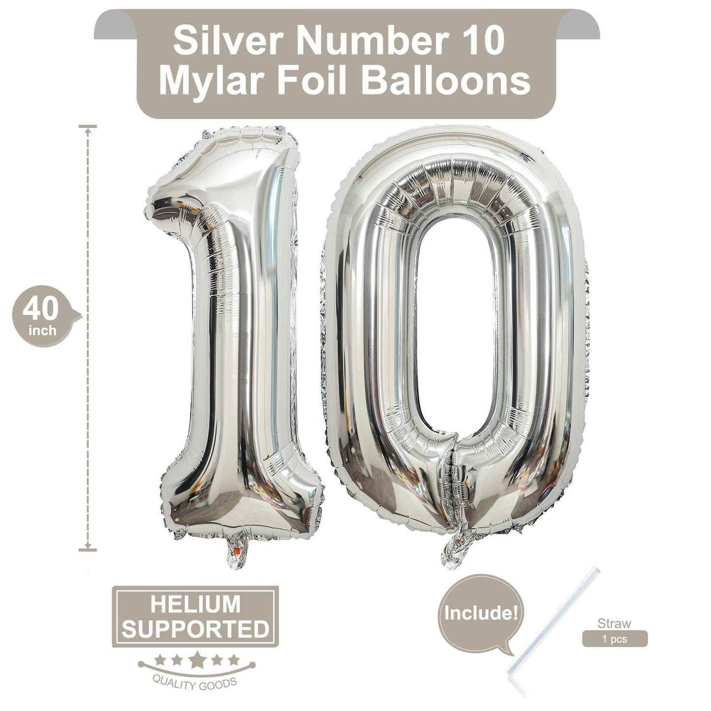 40 Inch Silver 10 Number Balloons Giant 10 Balloons Silver Birthday 10 Balloons 10Th Birthday Anniversary Events Party Decoratio