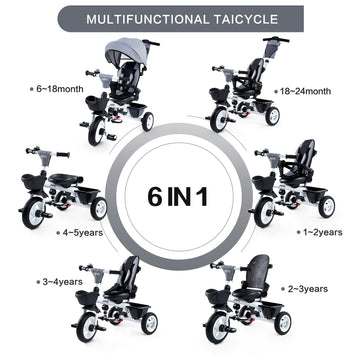 JMMD Baby Trike, 6-in-1 Kids Tricycle with Adjustable Push Handle, Removable Canopy, Safety Harness for 18 Months - 5 Year Old,
