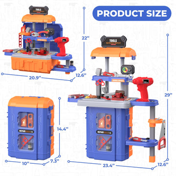 FunMission Kids Tool Bench Set 3 in 1, Toddler Tool Set, Kids Workbench with Realistic Toy Tool Box & Electronic Toy Drill, Tran