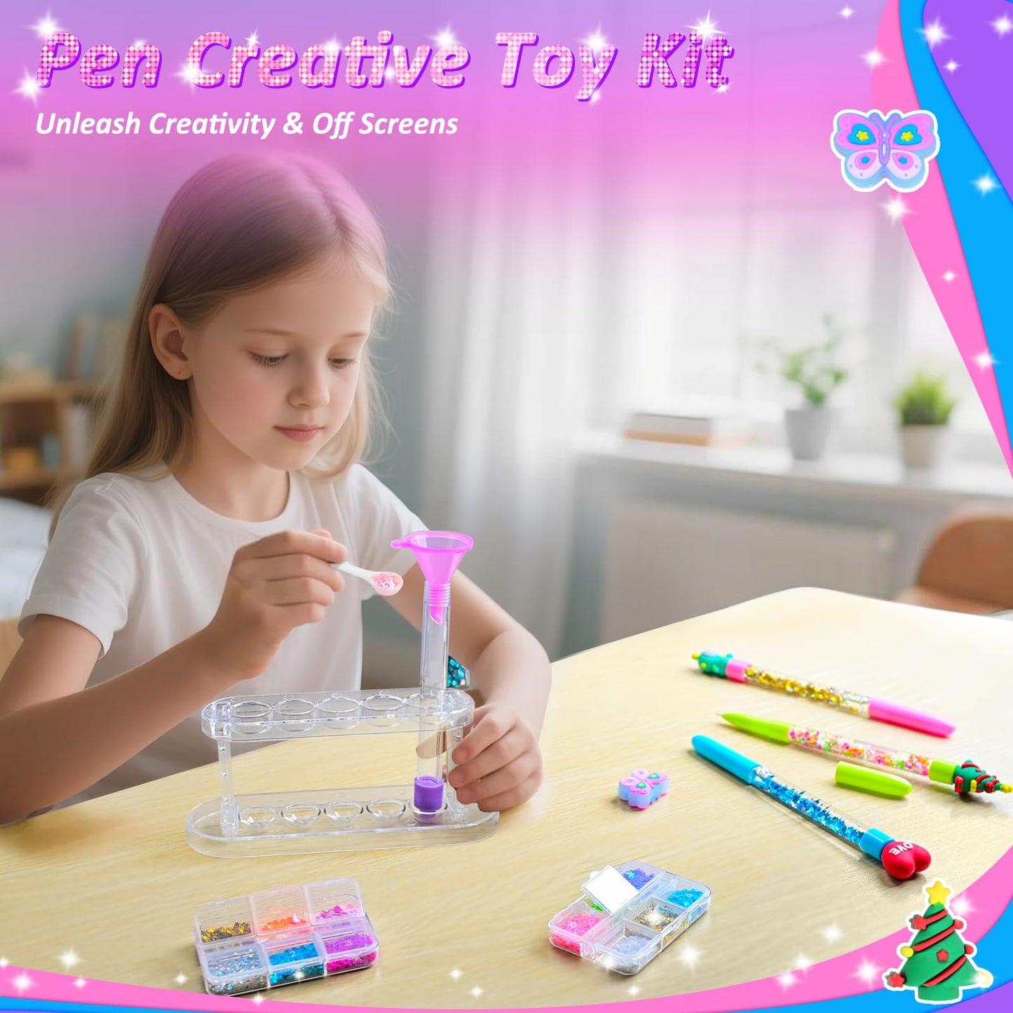 MOMUSE 50 Accessories DIY Pen Making Kit, Fun Pen Creator Studio - Making 12 Sparkly Pens with Sequins Beads, Creative Art Craft