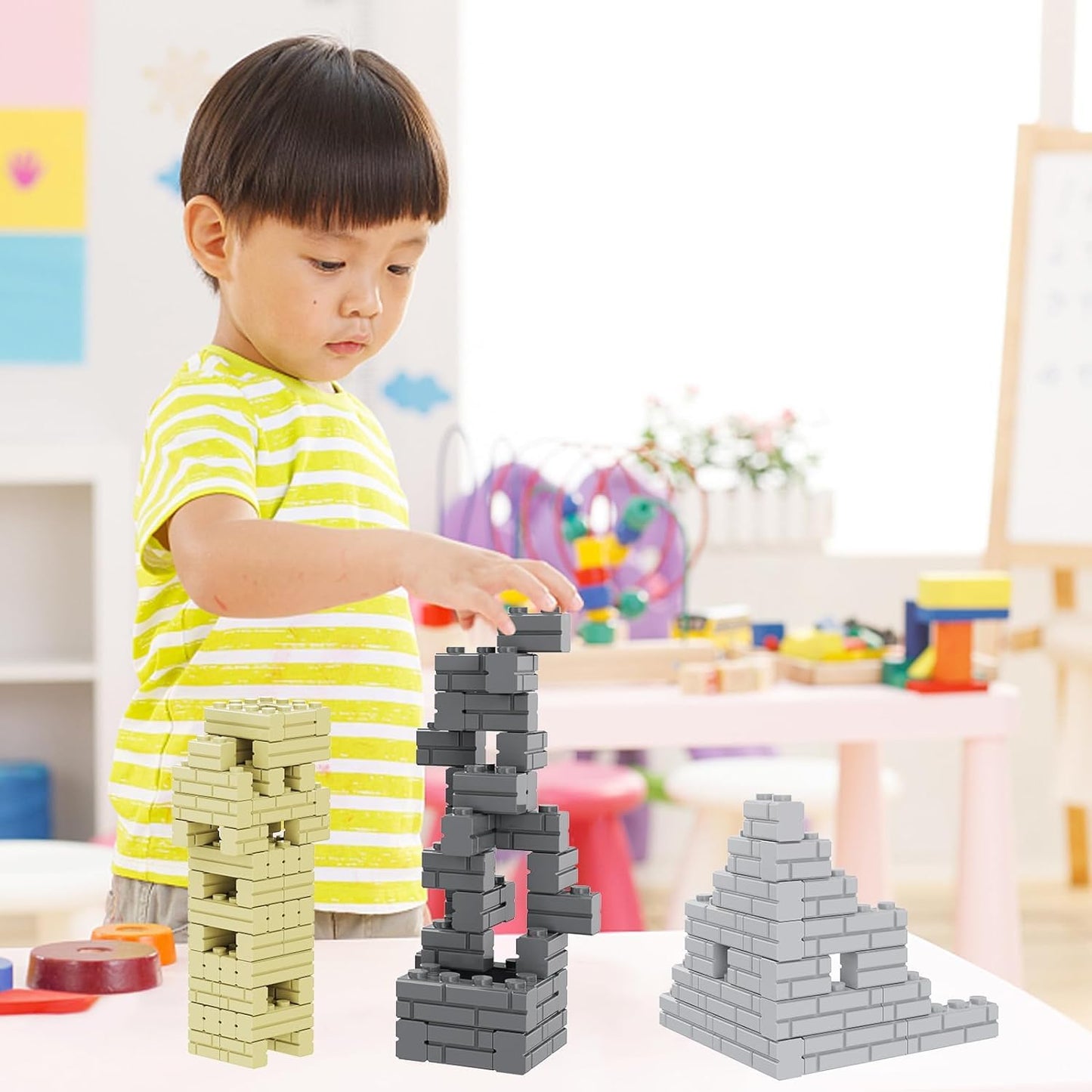 YUJHITP 300 Pcs White 1+2 Masonry Profile Bricks, Classic White Building Wall Bricks Blocks Bulk, Compatible with Lego Parts and