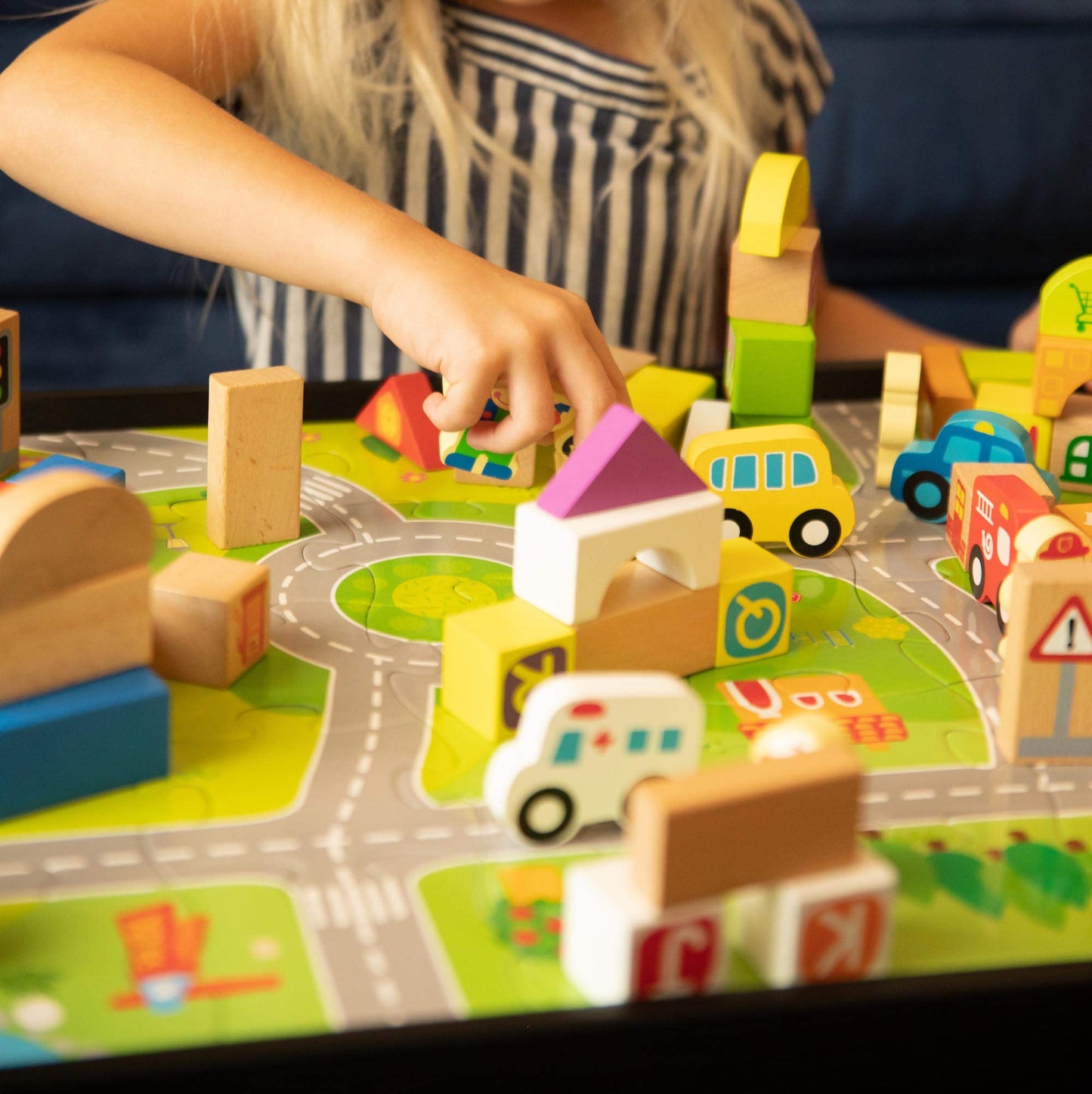 Fat Brain Toys My Town Block Set - Wood Jigsaw Puzzle & Block Set for Preschoolers, Model FB253, Natural Color