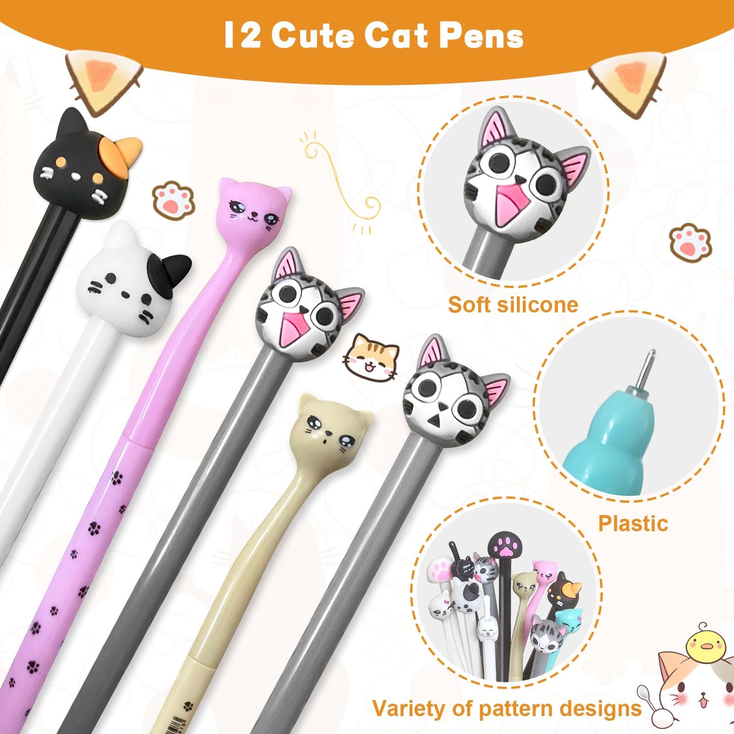 Moltby Cat Party Favors For Kids - 72Pcs Cat Themed Birthday Party Supplies, Cat Pens Erasers Stationery Set For Pet Theme Birth